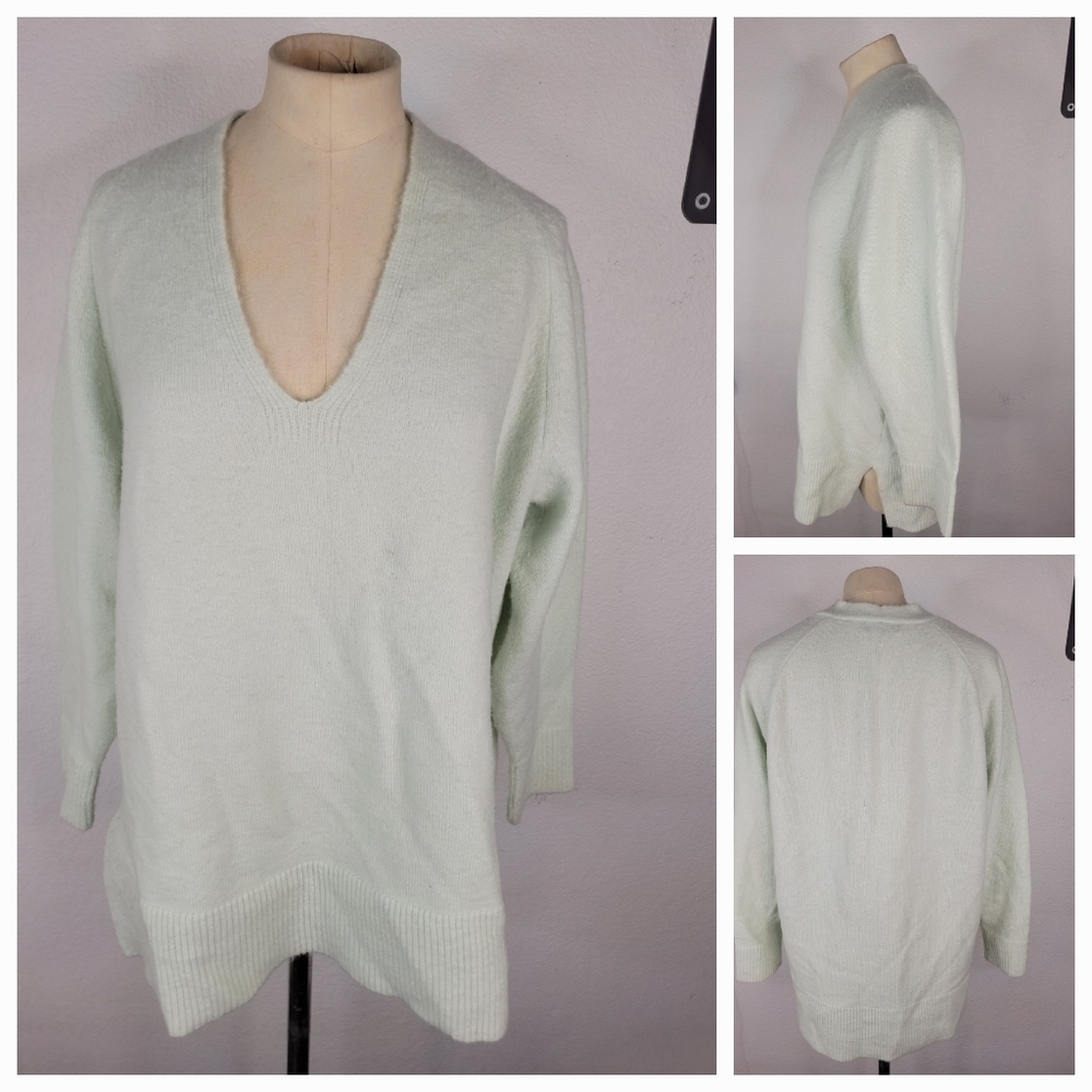 J Crew XS Tunic V Neck Sweater Stretch Wool Oversized Green BB400